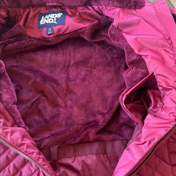 Lands' End PRIMALOFT Warm Burgundy Puffer Jacket Winter Coat Faux Fur Trim Sz M - Picture 10 of 16